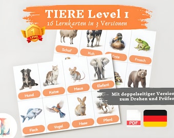 Lernkarte Kinder TIERE Lvl 1 | Deutsch lernen Kinder lernen Tiere Lernkarten Tiere Download digital PDF Montessori Flashcards Karteikarten