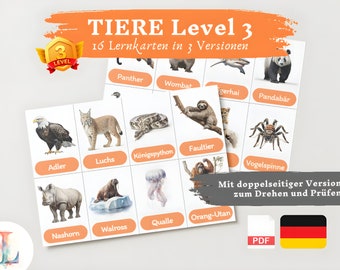 Lernkarte Kinder TIERE Lvl 3 | Deutsch lernen Kinder lernen Tiere Lernkarten Tiere Download digital PDF Montessori Flashcards Karteikarten