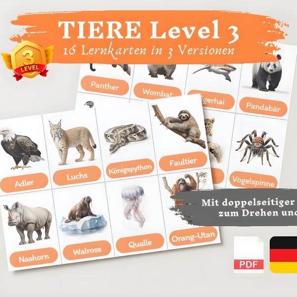 Lernkarte Kinder TIERE Lvl 3 | Deutsch lernen Kinder lernen Tiere Lernkarten Tiere Download digital PDF Montessori Flashcards Karteikarten