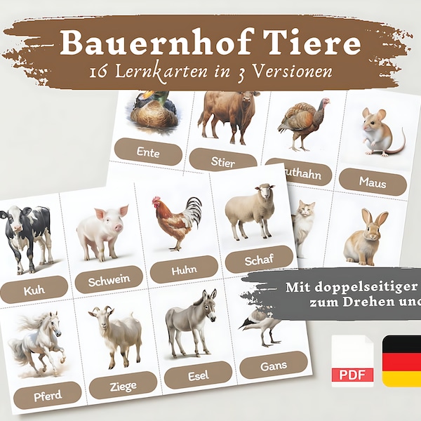 Lernkarten Kinder Bauernhof Tiere | Deutsch lernen Kinder lernen Tiere Lernkarten Tiere Download PDF Montessori Flashcards Karteikarten