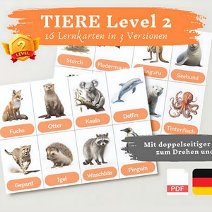 Lernkarte Kinder TIERE Lvl 2 | Deutsch lernen Kinder lernen Tiere Lernkarten Tiere Download digital PDF Montessori Flashcards Karteikarten