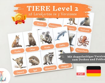Lernkarte Kinder TIERE Lvl 2 | Deutsch lernen Kinder lernen Tiere Lernkarten Tiere Download digital PDF Montessori Flashcards Karteikarten