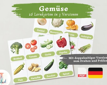 Lernkarten Kinder Gemüse | Deutsch lernen Kinder lernen Gemüse Lernkarten Gemüse Download digital PDF Montessori Flashcards Karteikarten