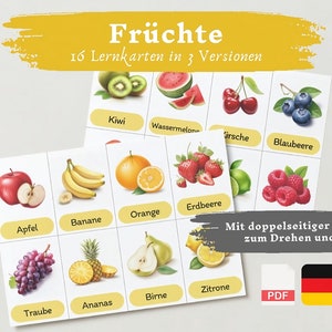 Lernkarten Kinder Früchte | Deutsch lernen Kinder lernen Früchte Lernkarten Früchte Download digital PDF Montessori Flashcards Karteikarten