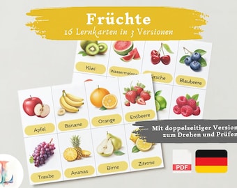 Lernkarten Kinder Früchte | Deutsch lernen Kinder lernen Früchte Lernkarten Früchte Download digital PDF Montessori Flashcards Karteikarten