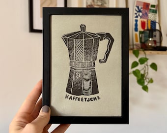 Coffee Kaffeetschi Linocut Print | Moka Pot Wall Art | Italian Coffee Print | Hand Pressed Block Print | Lino print | Coffee Lover Gift