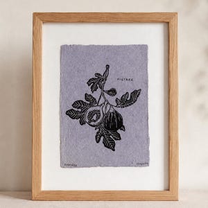 Può includere: Una stampa artistica incorniciata con un'illustrazione a inchiostro nero di un ramo di fico con foglie e frutti su carta testurizzata color viola chiaro. Il testo FIGTREE è stampato negli angoli, insieme alla firma staysalty.