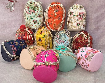 100pcs Designer Work  Embrodiery Potli Women Handbag, Handmade Bag Christmas Gift Clutch Purse Wedding Favours Return Gift Drawstring bag