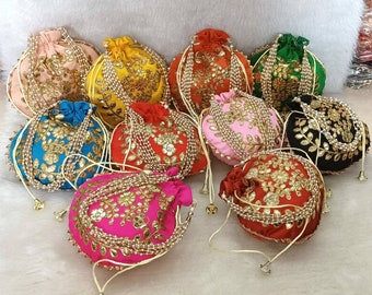 Lot Of 100 Indian Handmade Women's Gotta work Embroidered Clutch Purse Potli Bag Pouch Drawstring Bag Wedding Favor Return Gift For Guests