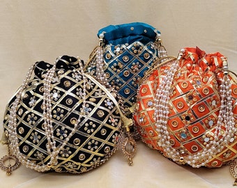 Lot Of 100 Indian Handmade Women Embroidered Gotta mirror Work Hand Clutch Purse Potli Bag Pouch Drawstring Bag Wedding Favor Return Gift