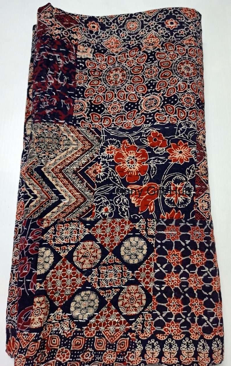Tamaño Queen 220x270cm Queen Ajrakh - Edredón Hippie Kantha Hecho A Mano, Bohemio, Tamaño King, Con Tinte Vegetal, Kantha, Colcha Bohemia, Con Estampado De índigo, 90 X 108 Pulgadas Colcha India Artesanal