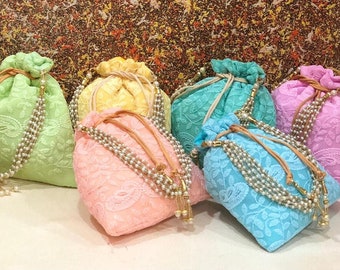 Lot Of 100 Indian Handmade Women's  Chikankari Embroidered Work Hand Clutch Purse Potli Bag Pouch Drawstring Bag Wedding Favor Return Gift