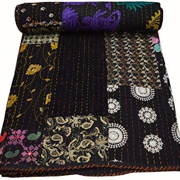 Decorative Handmade Vintage Embrodiery Silk Patchwork Kantha Quilt Vintage Home Decorative Kantha Throw Blanket Queen/King/CaliforiniaKing