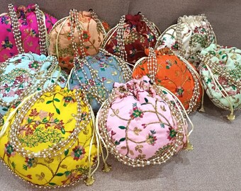 100 pcs Wedding Potli Embrodiery Potli Women Handbag, Handmade Bag, Christmas Gift,Clutch Purse Wedding Favours Return Gift Drawstring Bag