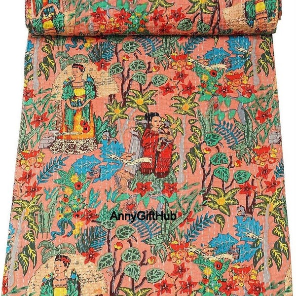 Handmade Floral Vintage Farida Kahloo Print Kantha Quilt Hand Stitched Kantha Blanket Bedspread Bohemian Decorative Kantha Reversible Throw