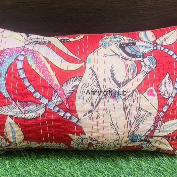 Animal Monkey Jungle Print Kantha Quilting Decorative Throw PillowCase Home Sofa Bed Cotton Cushion Cover Handmade Lumbar Kantha PillowSham