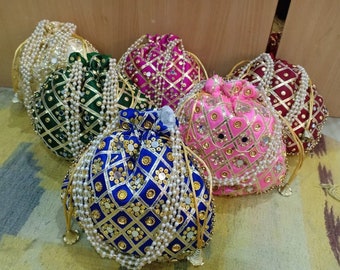 100 pcs Gotta MirrorWork Embrodiery Potli Women Handbag, Handmade Bag Christmas Gift Clutch Purse Wedding Favours Return Gift Drawstring Bag