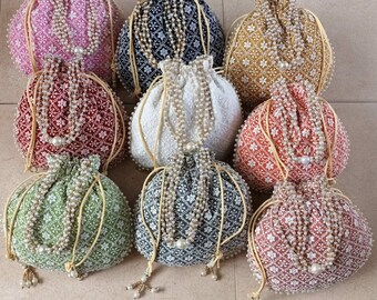 Lot Of 100 Indian Handmade Women's Chikankari Embroidered Clutch Purse Potli Bag Pouch Drawstring Bag Wedding Favor Return Gift For Guests