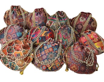 Lot Of 100 Indian Handmade Women Embroidered Patola Silk Potli Hand Clutch Purse Potli Bag Pouch Drawstring Bag Wedding Favor Return Gift