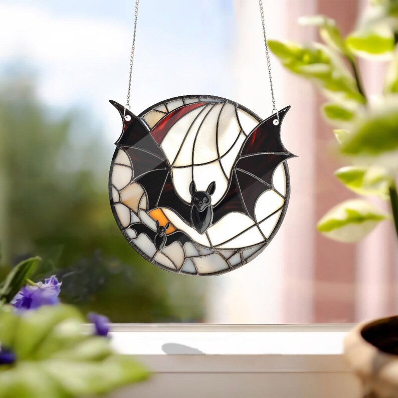 BAT Faux Stained Glass Inspired Art Acrylic Window Hanging, Gothic Bat ...