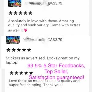 Może przedstawiać: Pięć gwiazdek oceny dla zestawu naklejek. Recenzje podkreślają jakość, r&oacute;żnorodność i szybką wysyłkę. Tekst zawiera "99,5% 5-gwiazdkowych opinii, Najlepszy sprzedawca, Gwarancja satysfakcji!"