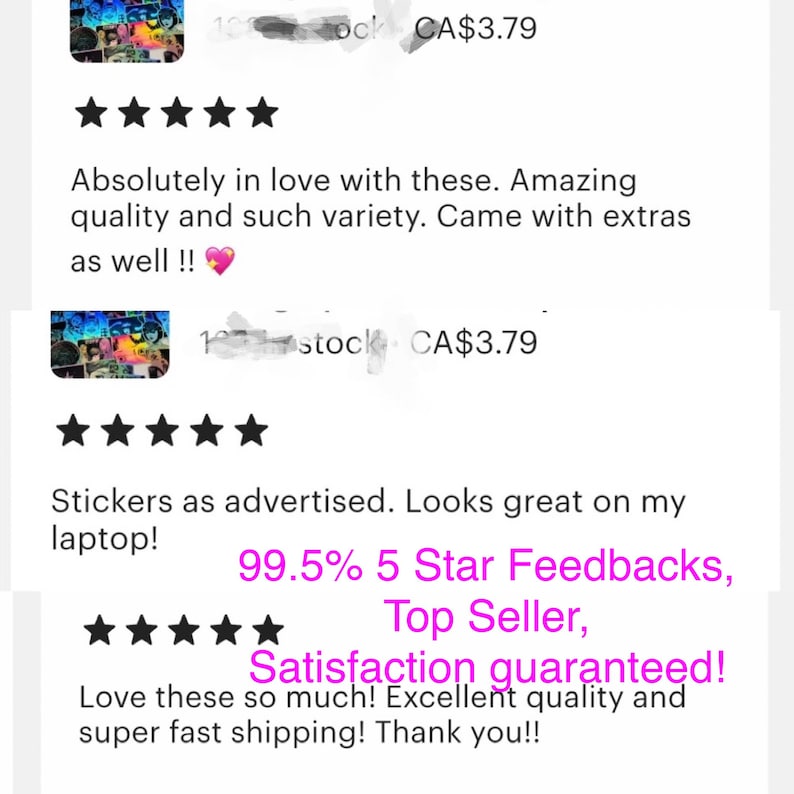 Może przedstawiać: Pięć gwiazdek oceny dla zestawu naklejek. Recenzje podkreślają jakość, r&oacute;żnorodność i szybką wysyłkę. Tekst zawiera "99,5% 5-gwiazdkowych opinii, Najlepszy sprzedawca, Gwarancja satysfakcji!"