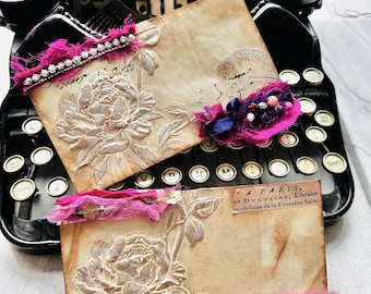 Efêmeros em estilo shabby chic, vintage, feitos à mão, para colecionadores de junk journals, recortes costurados.