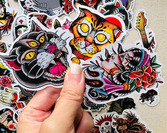 50 pegatinas de tatuajes de la vieja escuela, calcomanías de vinilo impermeables