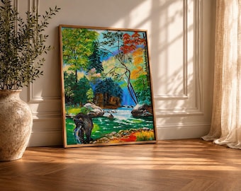 Origineel fantasielandschapsschilderij | Groot statement natuurkunstwerk voor rustige en samengestelde interieurs