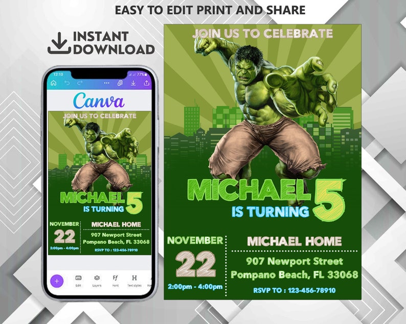 Hulk Editable Invitation Superhero Birthday Invite the Hulk Etsy