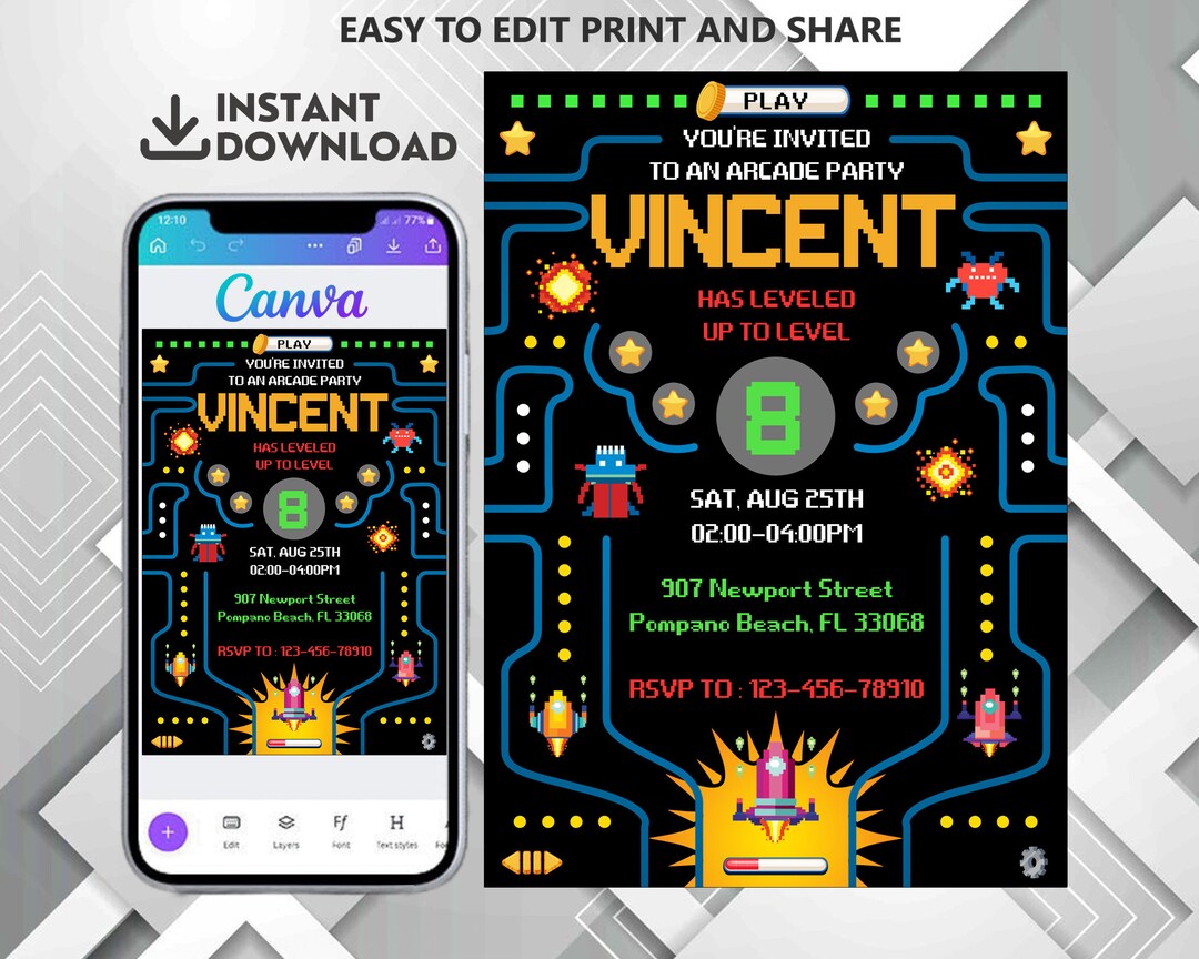 Editable Arcade Birthday Party Invitation, Video Game Party, Arcade