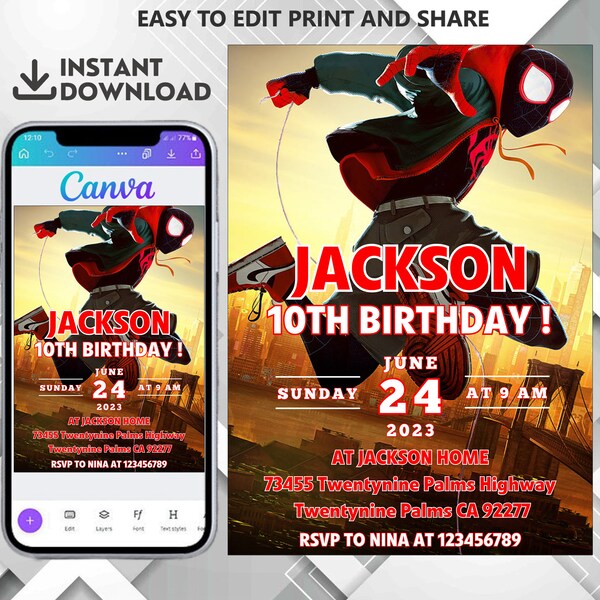 SpiderMan Across the SpiderVerse Birthday Invitation Spiderman Movie Invitation Spider Man Invite Miles EDITABLE Instant Digital Canva Theme