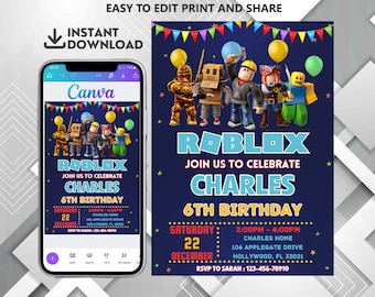 Roblox Invitation, Roblox Invite, Game Party, Roblox Boys Birthday Invitation Template, Game Birthday, Kids Roblox, Editable Template, Canva