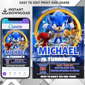 Sonic the Hedgehog Birthday Invitation, Sonic Party Invitation, Sonic Party Invite, Canva, Sonic Knuckle and Tails Birthday Party Invite