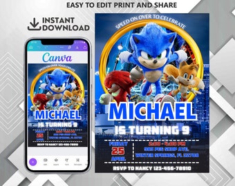 Sonic the Hedgehog Birthday Invitation, Sonic Party Invitation, Sonic Party Invite, Canva, Sonic Knuckle and Tails Birthday Party Invite