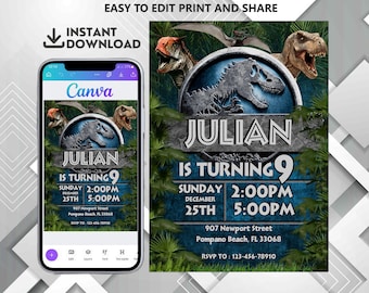 Dinosaur Printable birthday invitation, dino birthday invite, park invitation, world invitation, T-Rex party invite, instant download canva