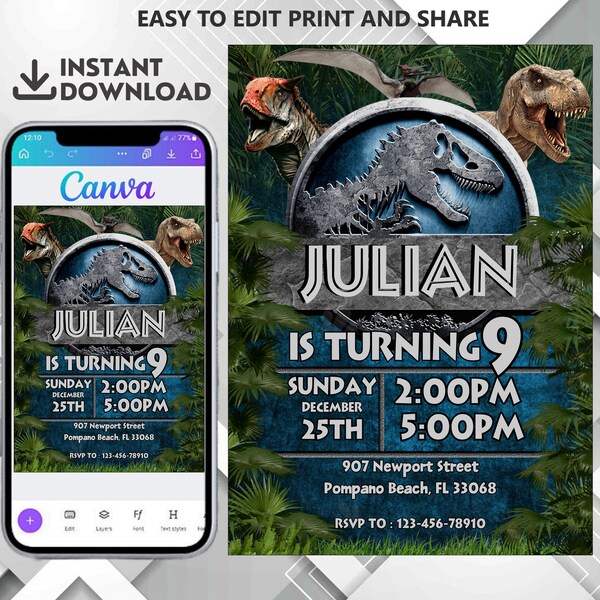 Dinosaur Printable birthday invitation, dino birthday invite, park invitation, world invitation, T-Rex party invite, instant download canva