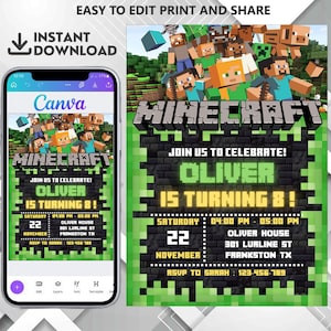 Editable Minecraft Birthday Invitation, Minecrafter birthday invitations, Minecraft Birthday Invitation, Gamer invitation, Editable Canva