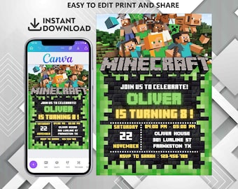 Editable Minecraft Birthday Invitation, Minecrafter birthday invitations, Minecraft Birthday Invitation, Gamer invitation, Editable Canva