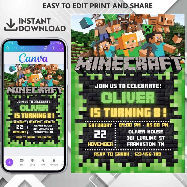 Editable Minecraft Birthday Invitation, Minecrafter birthday invitations, Minecraft Birthday Invitation, Gamer invitation, Editable Canva