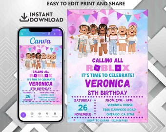 Roblox Invitation, Roblox Invite, Game Party, Roblox Girls Birthday Invitation Template, Girl Roblox, Gamer Girl, Editable Canva