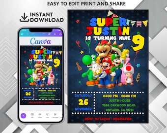 Faire-part d'anniversaire Super Mario, faire-part d'anniversaire, faire-part Super Mario, modèle d'anniversaire imprimable modifiable d'invitation de Mario sur toile