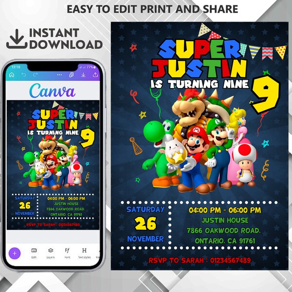 Faire-part d'anniversaire Super Mario, faire-part d'anniversaire, faire-part Super Mario, modèle d'anniversaire imprimable modifiable d'invitation de Mario sur toile