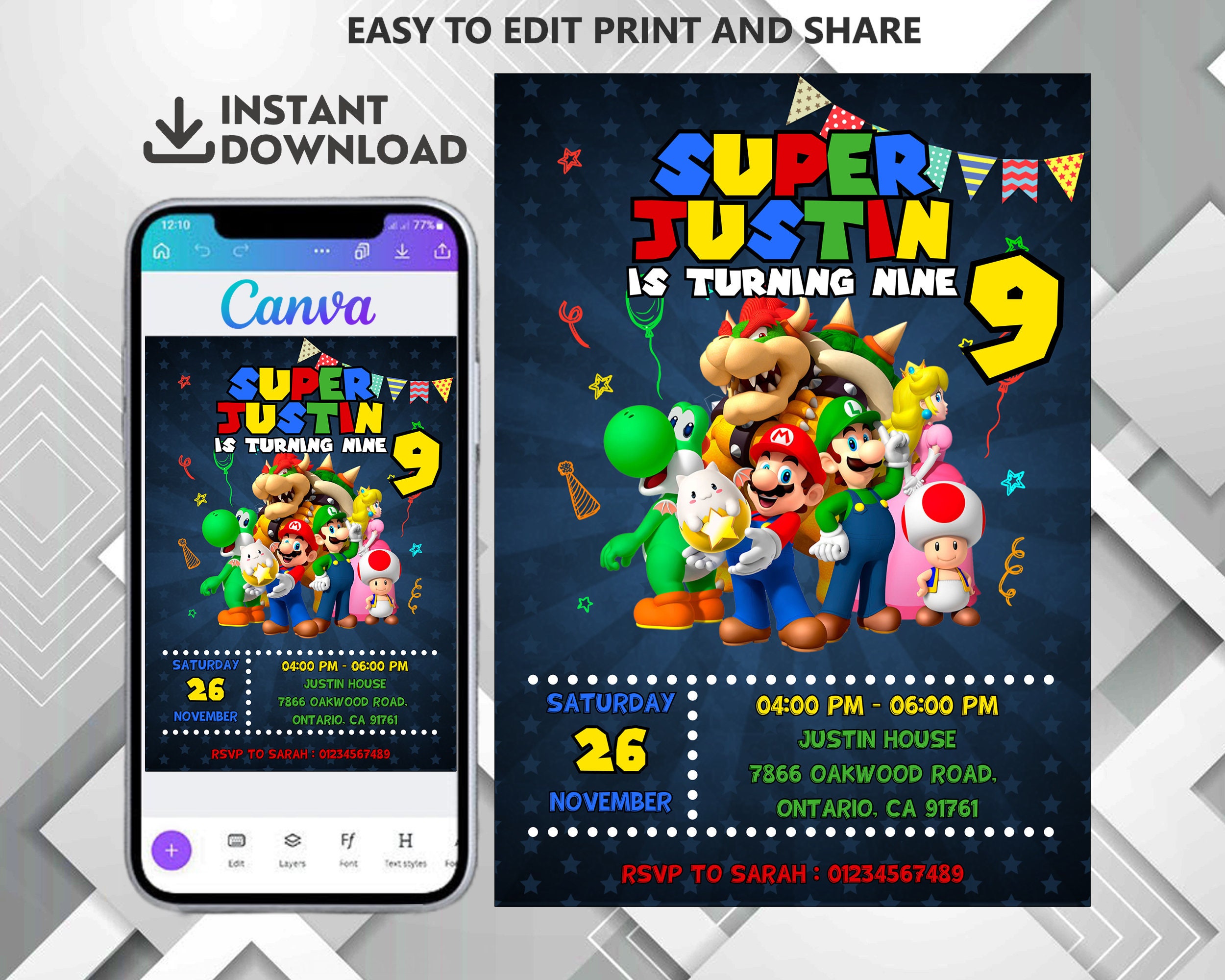 Invitation Mario Bros party birthday invitación fiesta cumpleaños Template