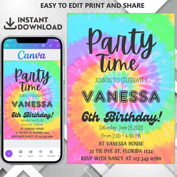 Tie Dye Birthday Invitation Rainbow Tie Dye Birthday Invitations Editable Tie Dye Party Printable Invitations Tie-Dye Party Instant Download