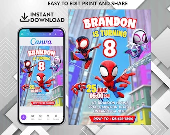 Invitation d'anniversaire Spidey, invitation d'anniversaire Spidey et ses amis incroyables, invitation d'anniversaire de super-héros, Invitation Spidey modifiable, toile