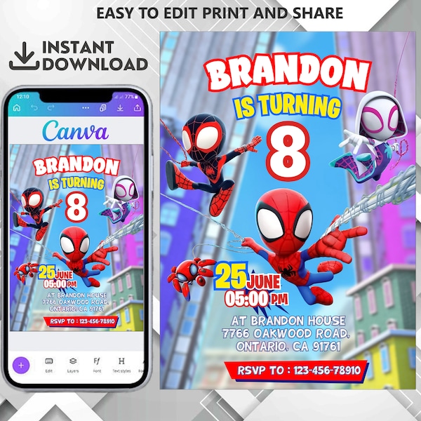 Invito di compleanno di Spidey, Invito di compleanno di Spidey e i suoi fantastici amici, Invito di compleanno di supereroe, Invito di Spidey modificabile, Canva