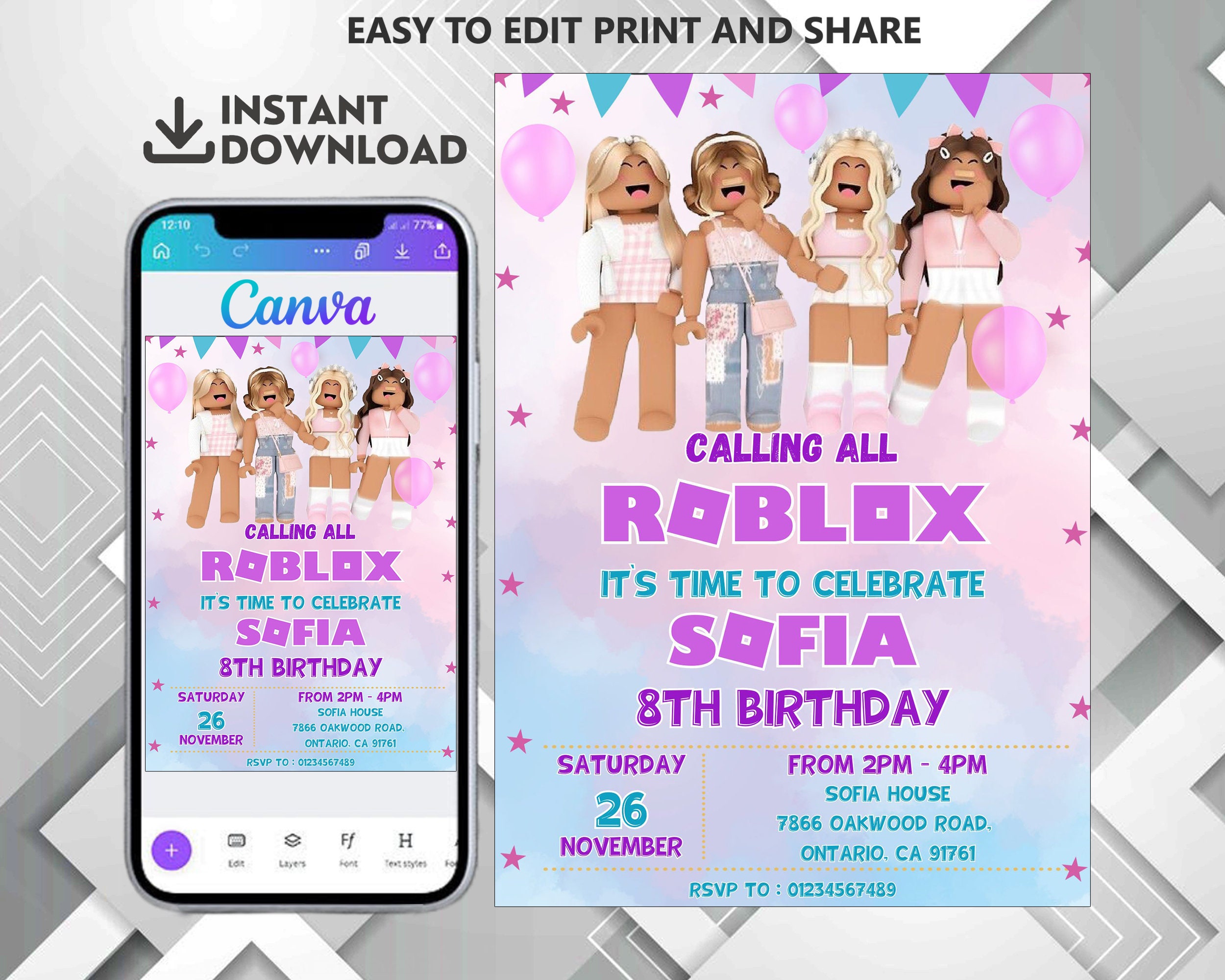 Roblox Birthday Invitation for Girls with Photo – Easy Inviting