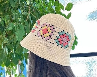 Crochet Hat Pattern ,Granny Square Bucket Hat, Beach Hat Pattern, Digital Download, ONLY Pattern