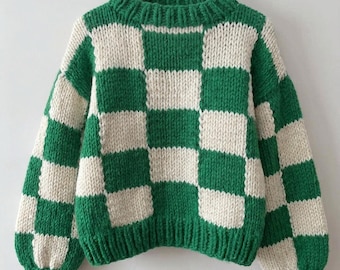 Strickmuster für einen karierten Pullover, Anfängerfreundliches Strickmuster für einen grob gestrickten Pullover, Größen XS-4XL (PDF)